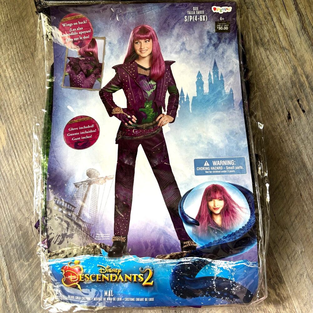 Disney Descendants 2 Mal Deluxe Child Costume Girls S 4-6X Wings Glove Disguise